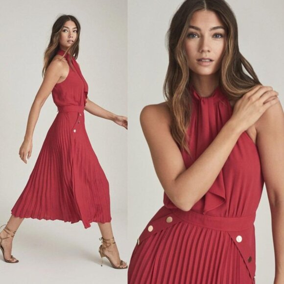 Reiss Dresses & Skirts - Reiss Pink Nina Halterneck Pleated Midi Dress size 0